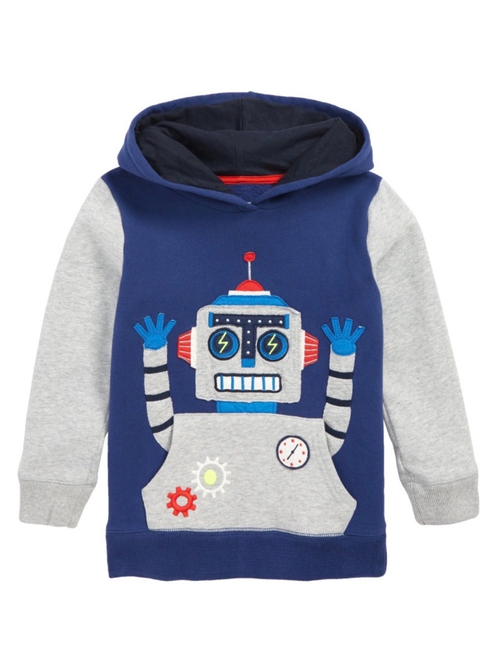 Mini Boden Boys 7-8Y Robot Applique Hoodie Navy Gray Pullover Sweatshirt